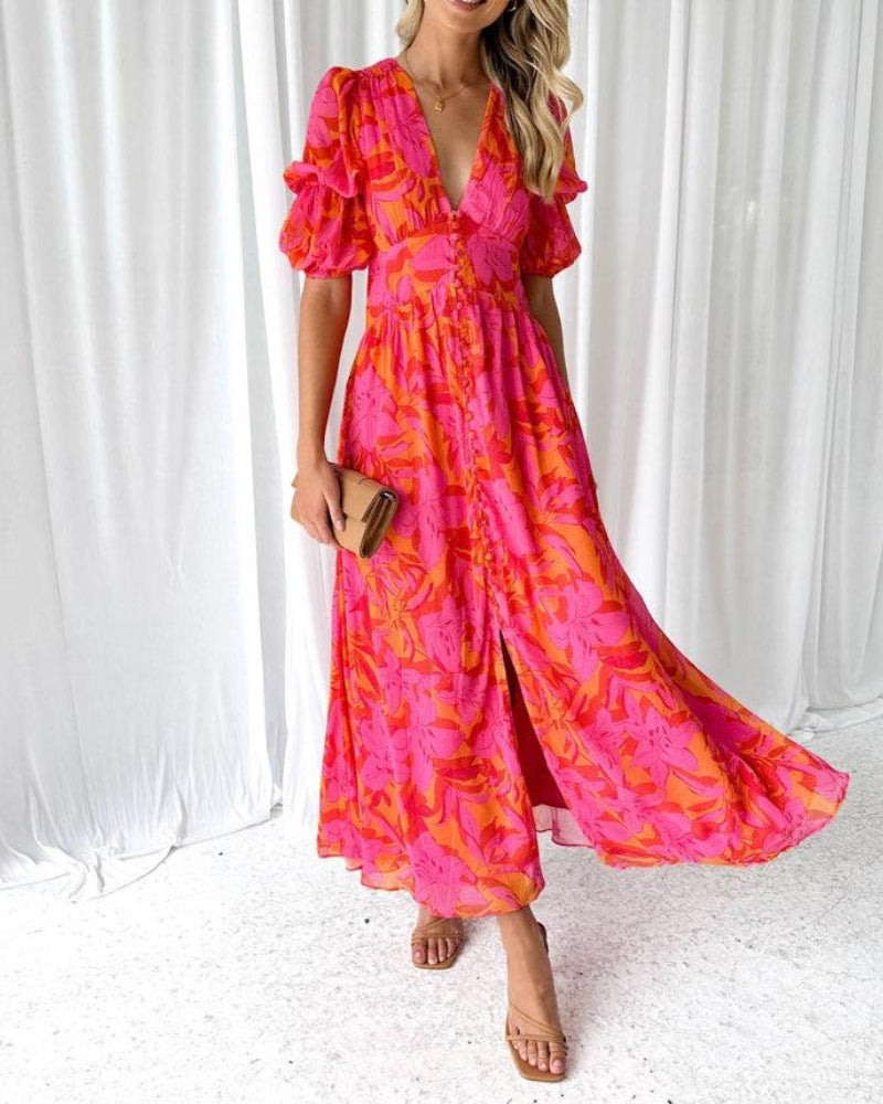 Blossom - Elegant V-neck Puff Sleeve Maxi Dress