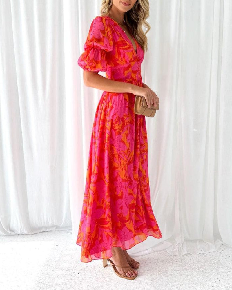 Blossom - Elegant V-neck Puff Sleeve Maxi Dress