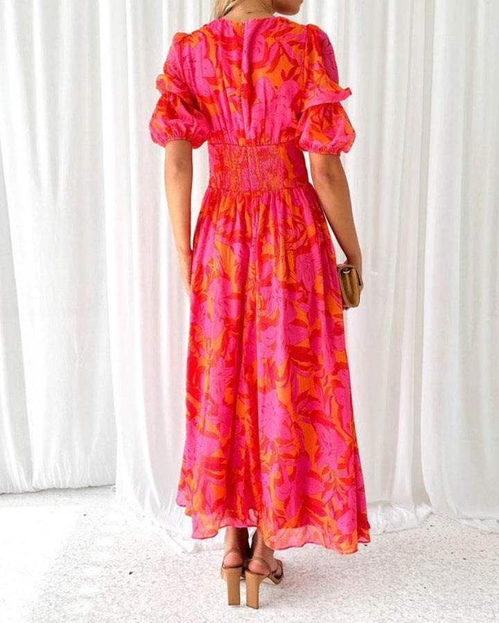 Blossom - Elegant V-neck Puff Sleeve Maxi Dress